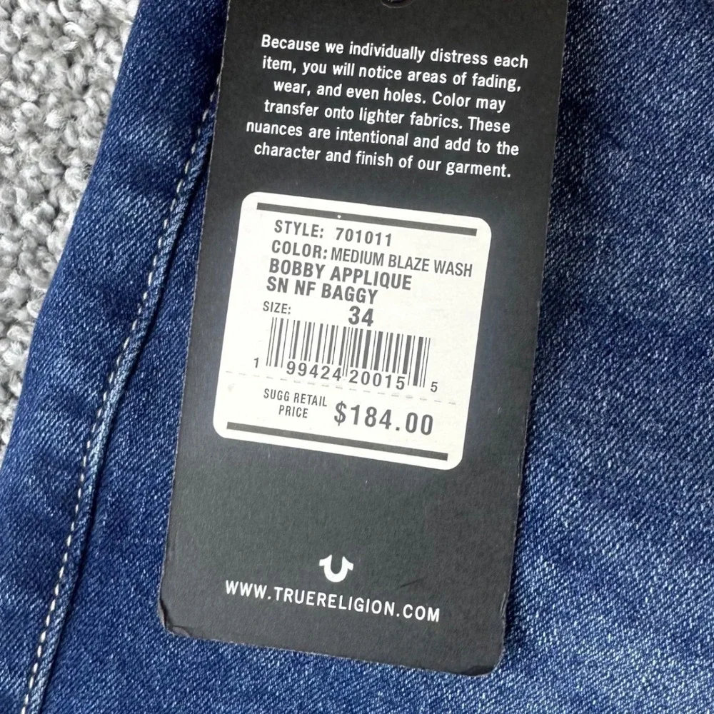 True Religion Bobby Applique Jeans Men 34 Relaxed Baggy Medium Blaze NEW $84